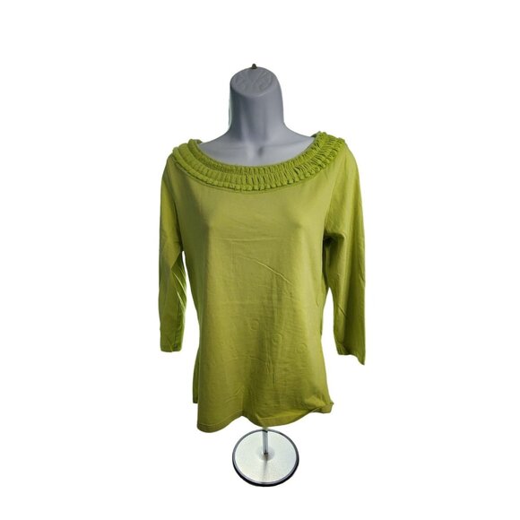 Coldwater Creek Smocked Neck Top S Lime Green 3/4 Sleeve Cottagecore Minimalist - Picture 2 of 7